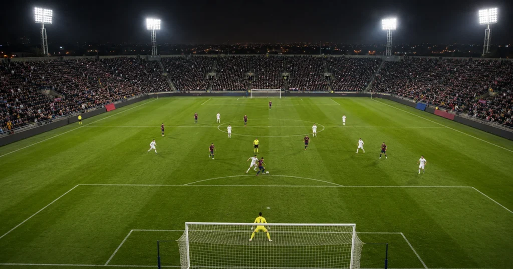 Vollbesetztes spanisches Fußballstadion bei Flutlicht während eines El Clásico zwischen einem Team in Weiß und einem Team mit blau-rot gestreiften Trikots auf grünem Rasen