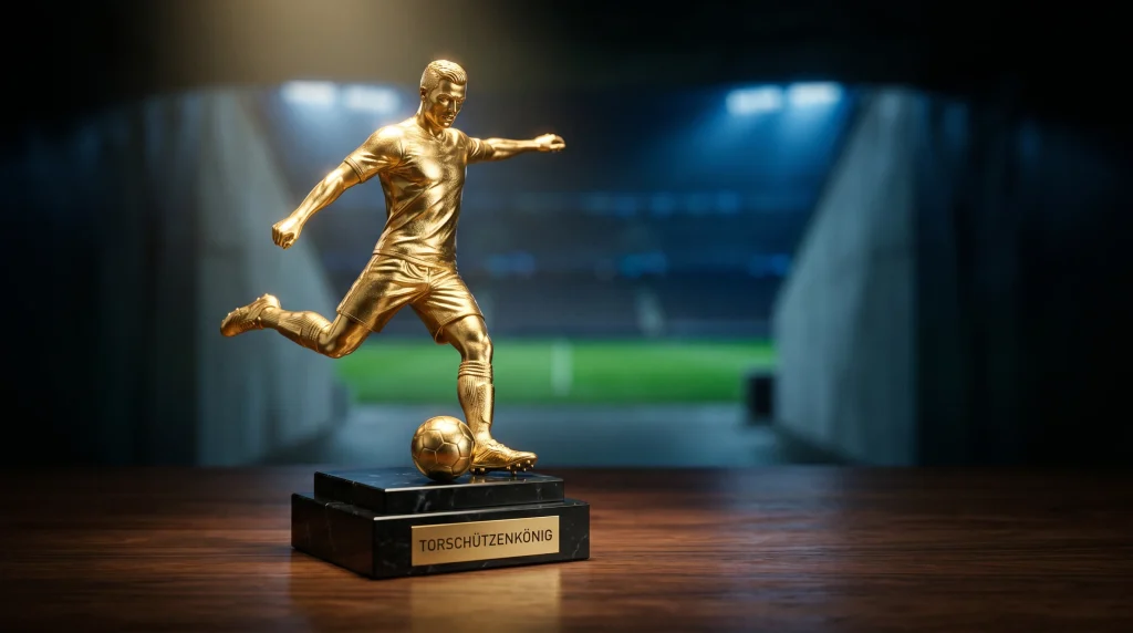 Goldener Fußball-Torjägerpokal auf einem dunklen Holztisch unter warmem Punktlicht vor einem unscharfen Stadionhintergrund