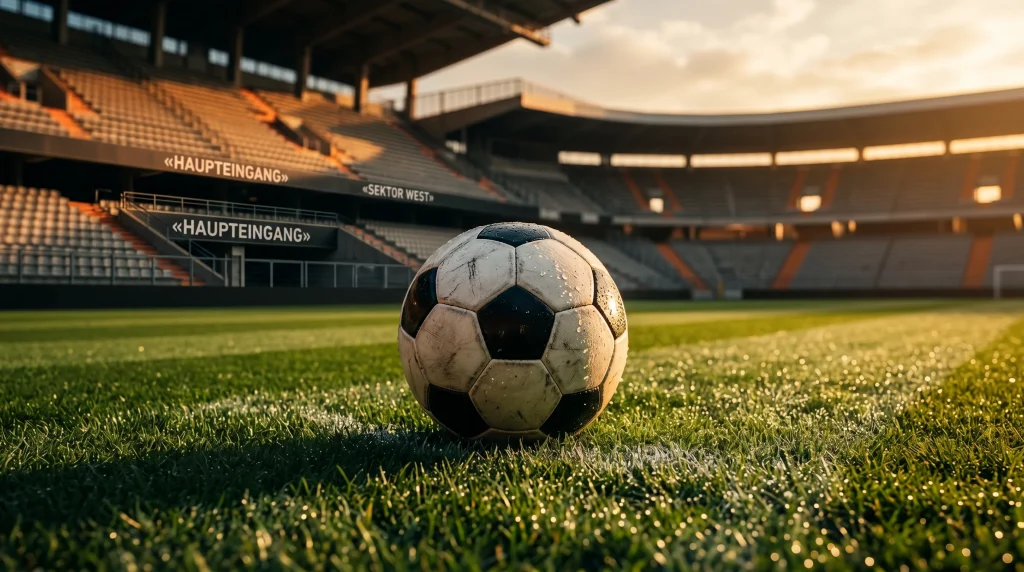 Klassischer Lederfußball auf einem akkurat gepflegten La-Liga-Rasen im warmen Sonnenuntergangslicht eines spanischen Stadions