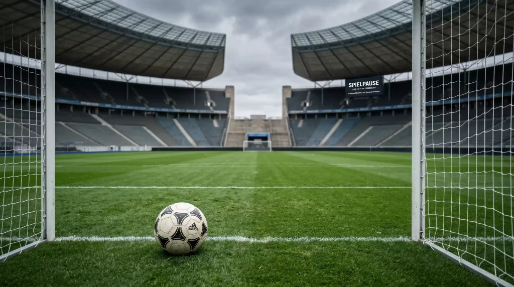 Fußball auf einem leeren Spielfeld mit geschlossenem Tor im Hintergrund